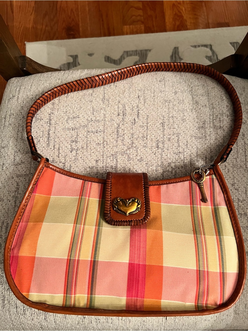 Fossil Coral, Pink and Tan Plaid Shoulder Bag